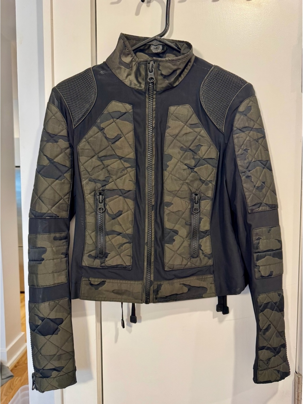 Blanc Noir Women's Camouflage Quilted Jacket with Mesh Panels and Lace-up Back,